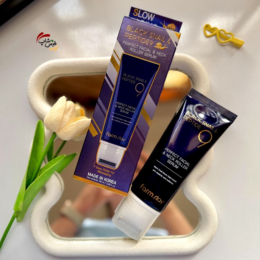 InShot_20260324_234117160 سرم رولی صورت و گردن حلزون سیاه و ۹ پپتاید فارماستی FARMSTAY BLACK SNAIL & PEPTIDE 9 PERFECT FACIAL & NECK ROLLER SERUM - Image 1